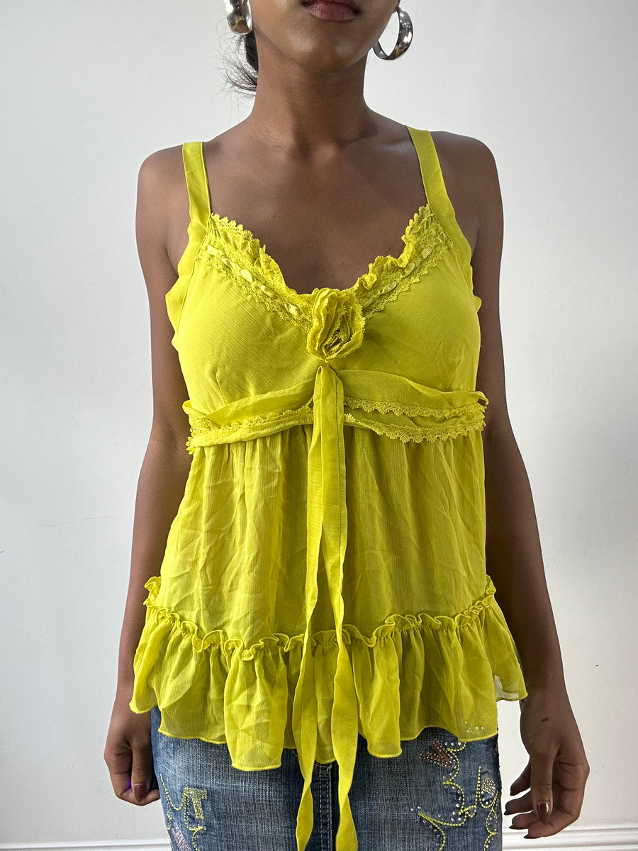 LFW edit | small yellow cami top with lace style trim