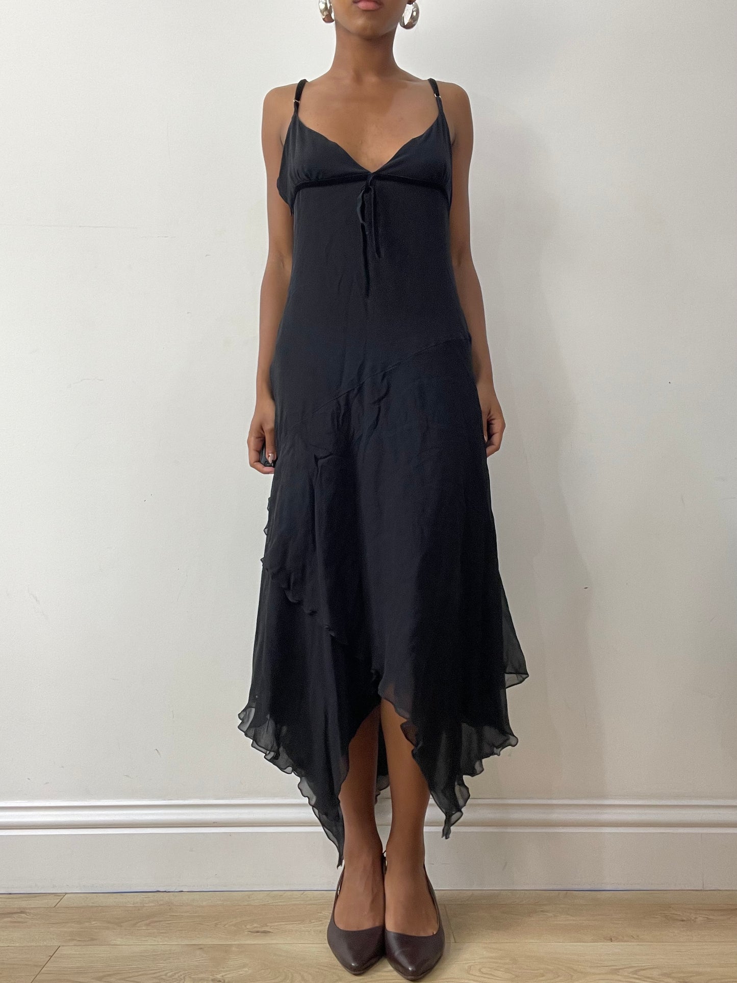 midsummer edit | medium black maxi dress with asymmetric trim