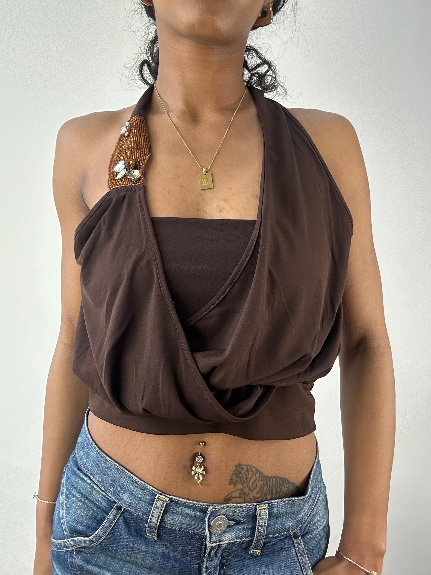 vintage edit: tops | small brown halterneck top with crossback detail and sequins