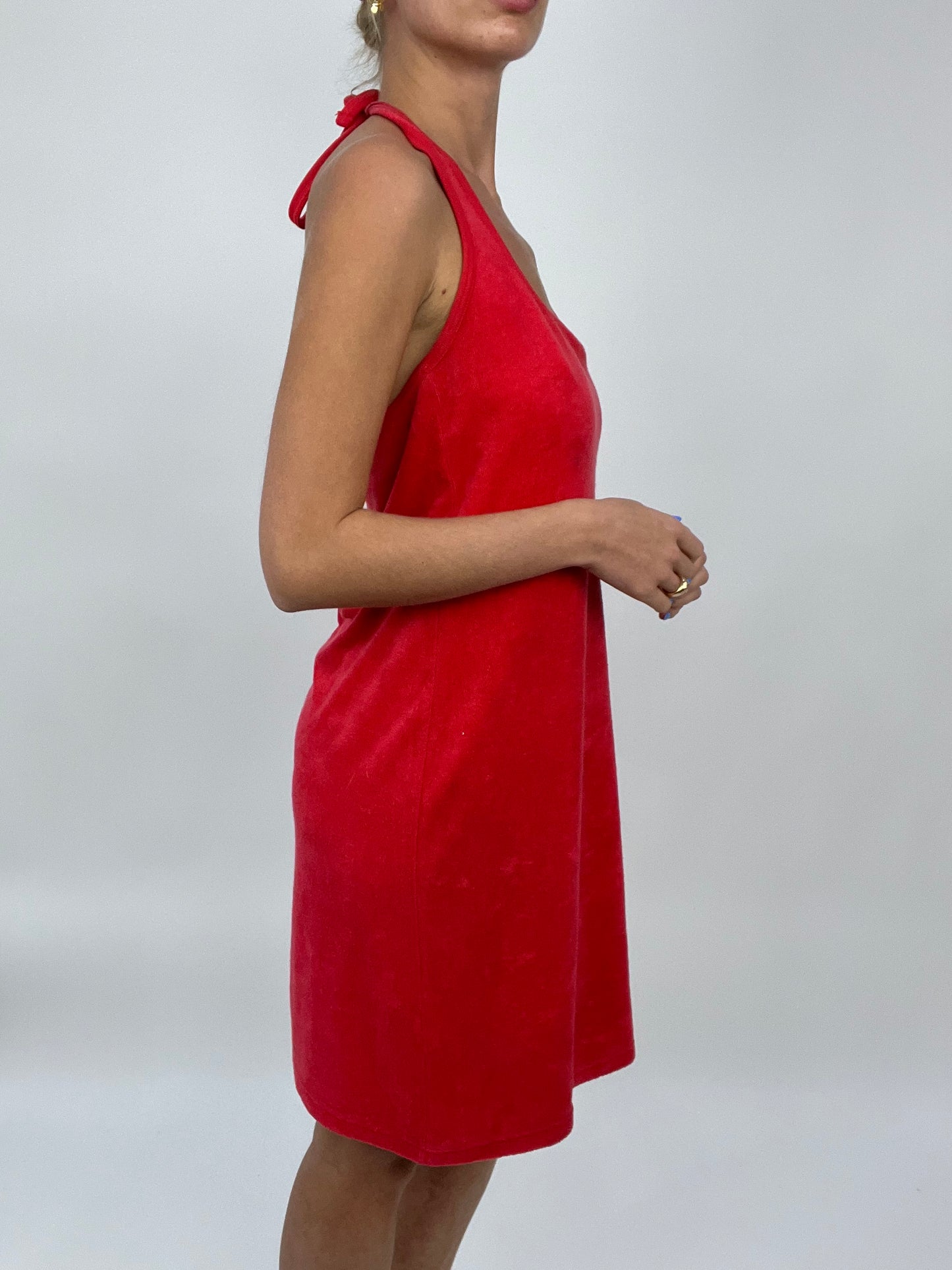 COCONUT GIRL DROP | medium red halterneck dress in towelling material