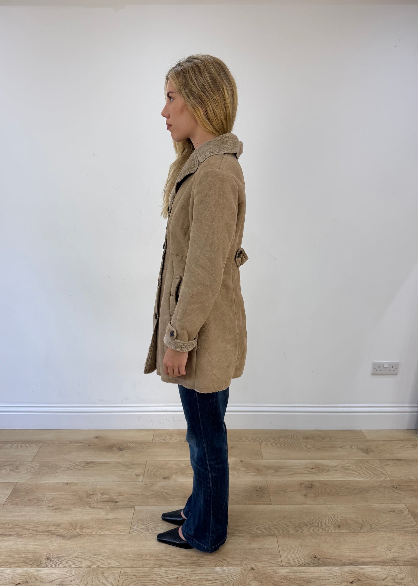small beige suede pea coat