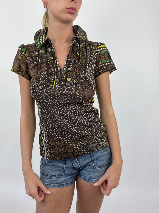 COASTAL COWGIRL DROP | small green and yellow top with ruching around collar and abstract print