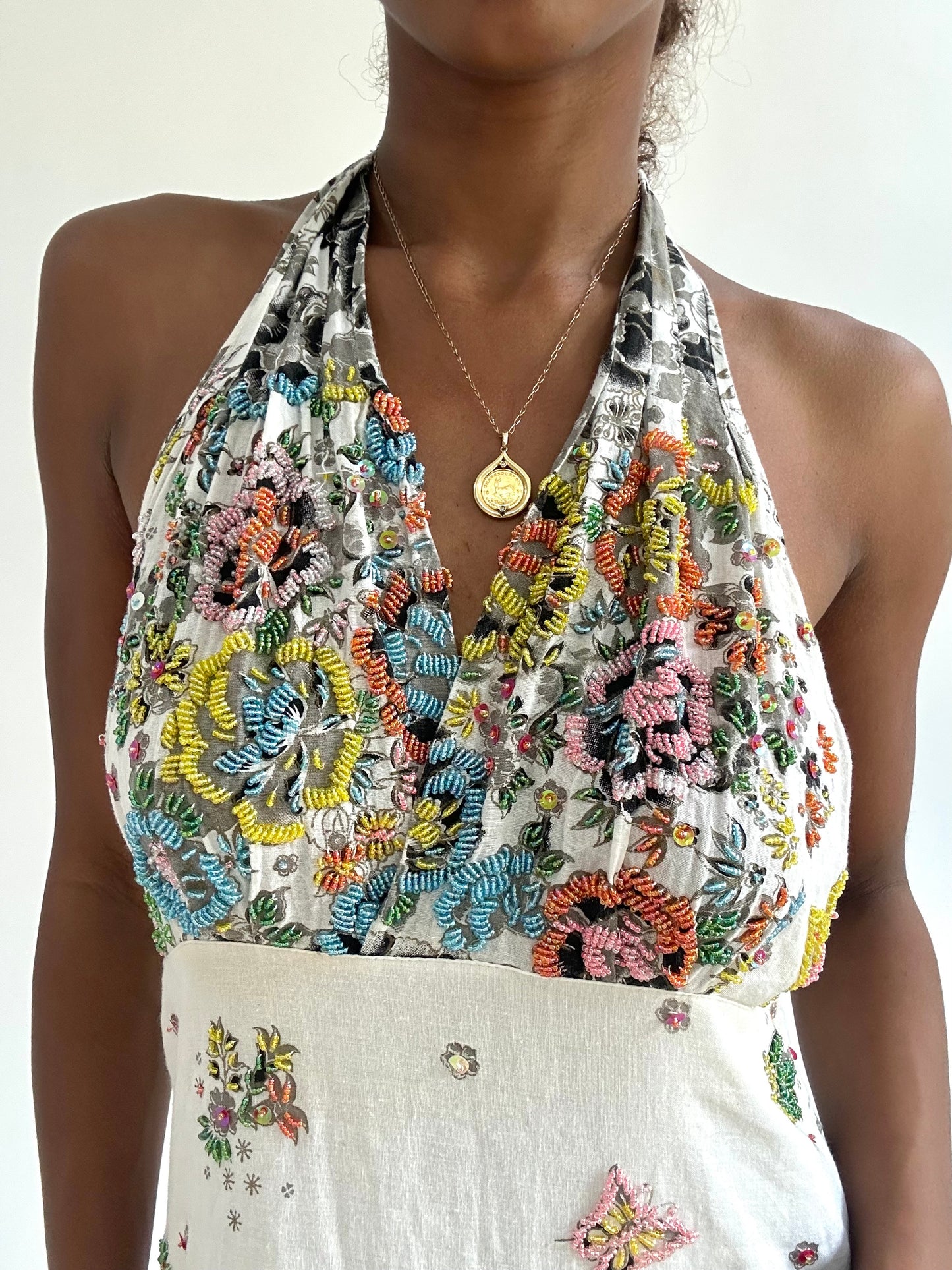 BEST PICKS | small/medium white beaded halterneck midi dress