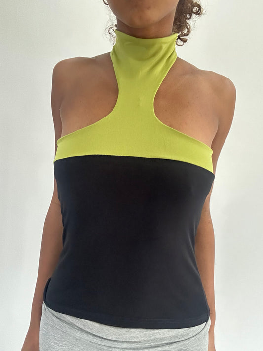 ‼️ | small black high neck top with green panel detail