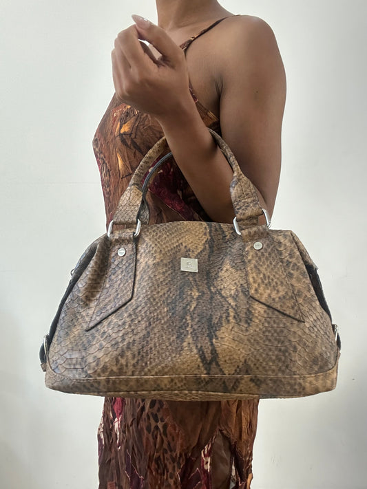 AUTUMN EDIT | brown faux leather shoulder bag with snake print pattern