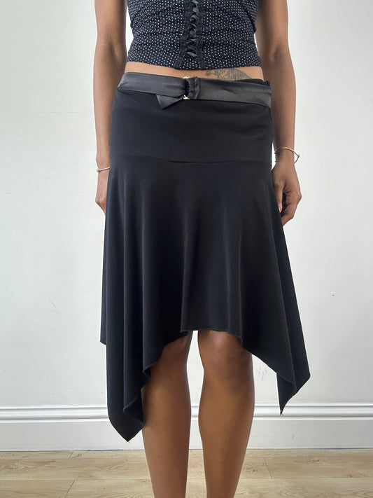 vintage edit twenty-one | small black asymmetric midi skirt with silver built in belt