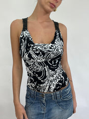 💻COACHELLA DROP | small black and white cowl neck top with crochet straps
