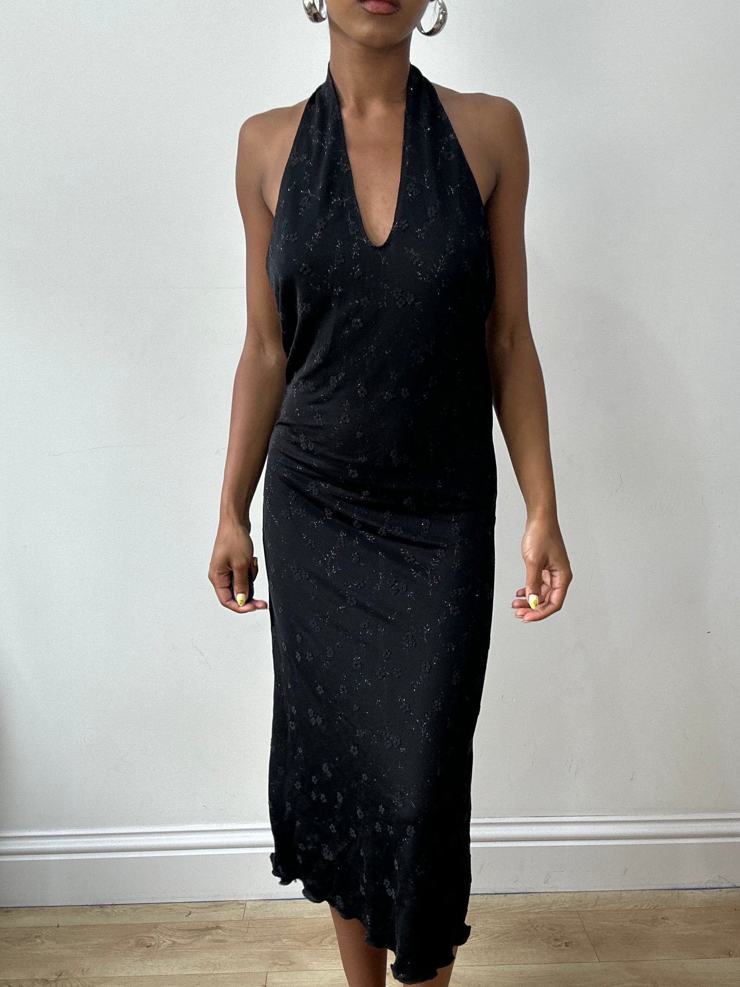 vintage edit thirty-two | medium black halterneck midi dress with silver floral print