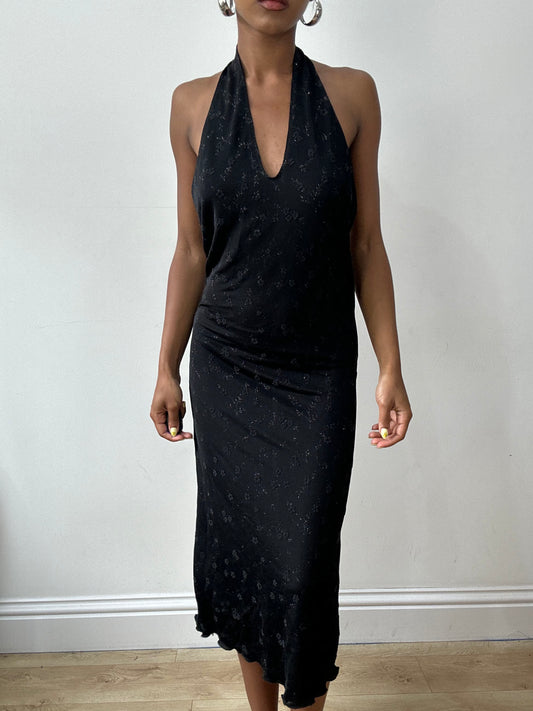 vintage edit thirty-two | medium black halterneck midi dress with silver floral print