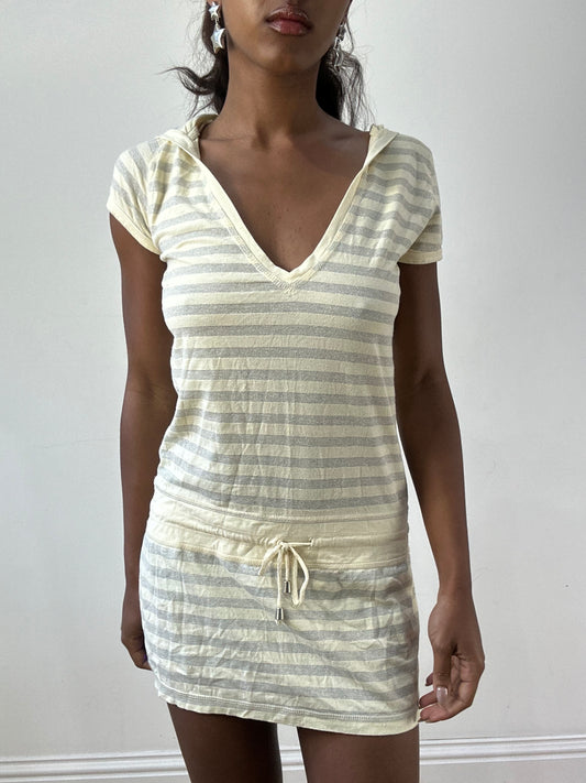 BEST PICKS | extra small yellow and silver striped hooded mini dress