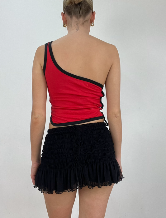 💻 FIELD FAIRY | small red one shoulder top with black graphic and lace up side