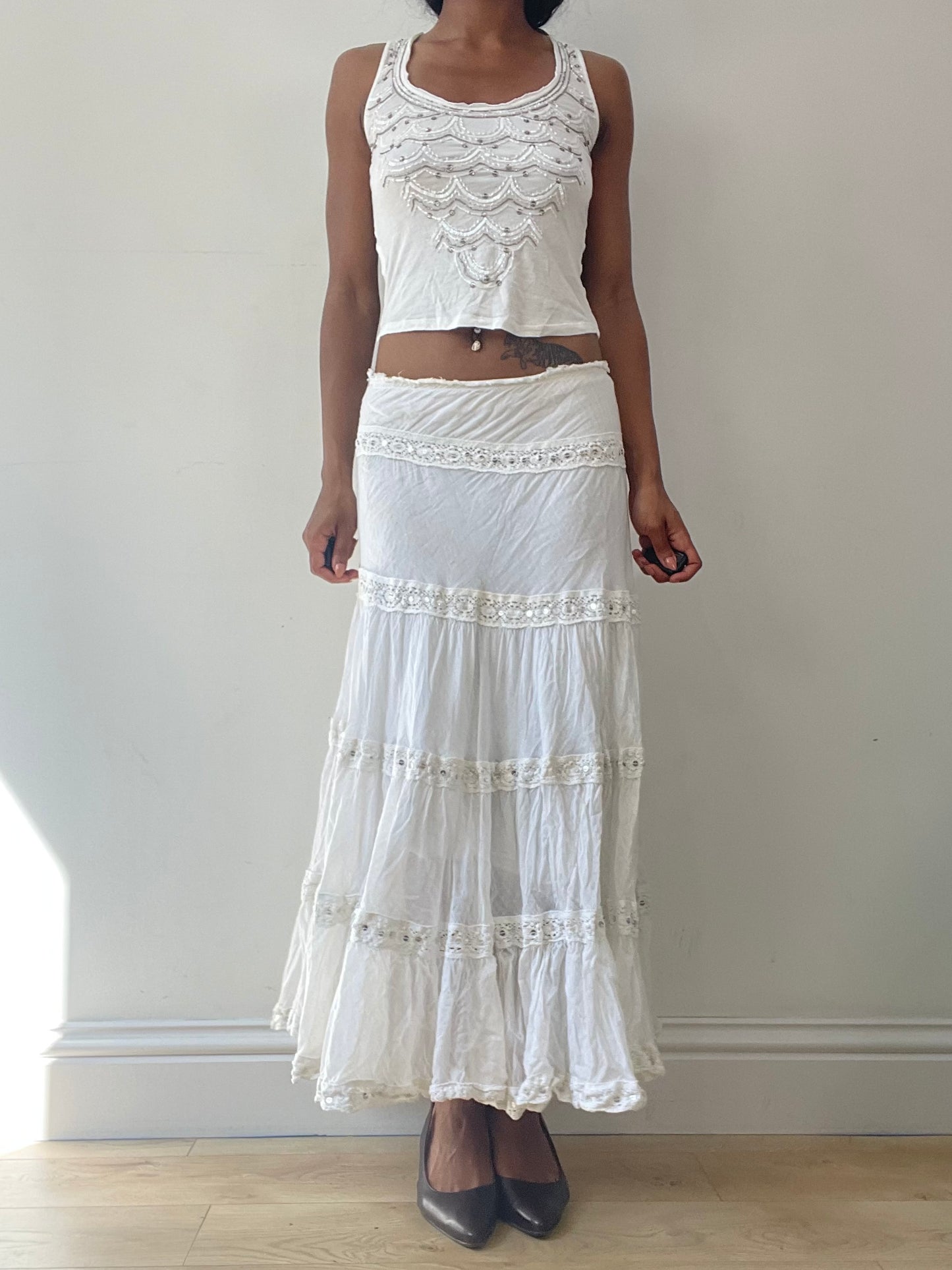 vintage edit twenty-five | small white jean's paul gaultier tank top with beading detail