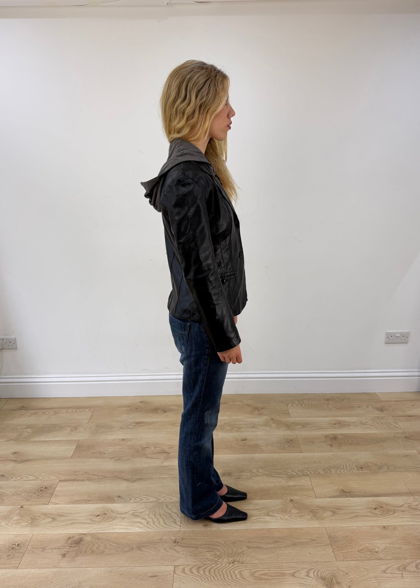small black leather jacket with built in hoodie