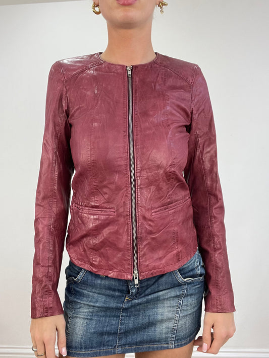 💚 BEST PICKS | small burgundy real leather zip up jacket