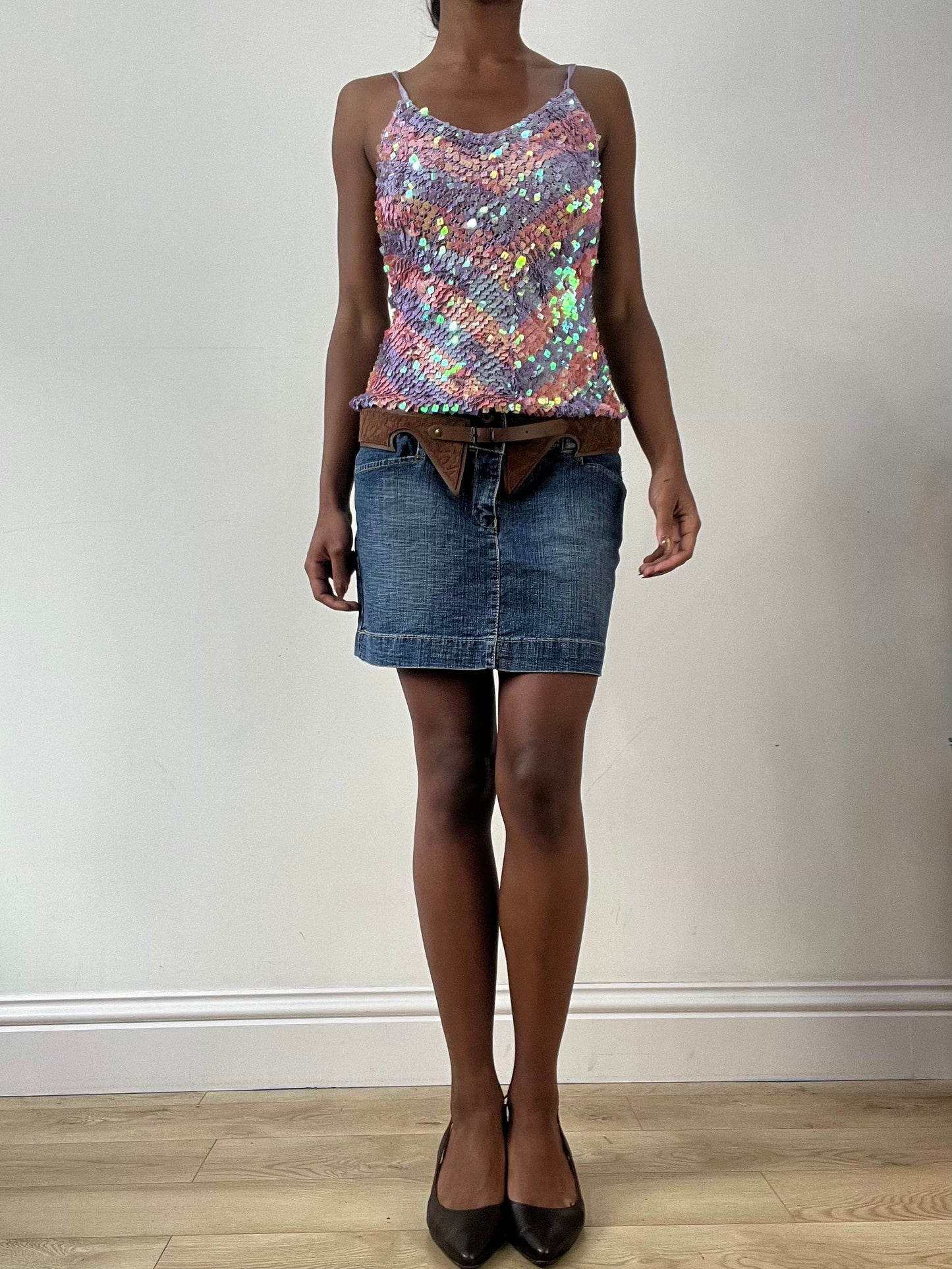 LFW edit | small crochet pink and purple sequin iridescent vest
