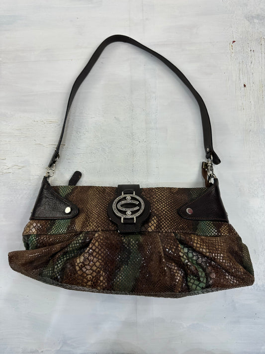 vintage edit: indie sleaze | brown and green baguette shoulder bag with snake print pattern