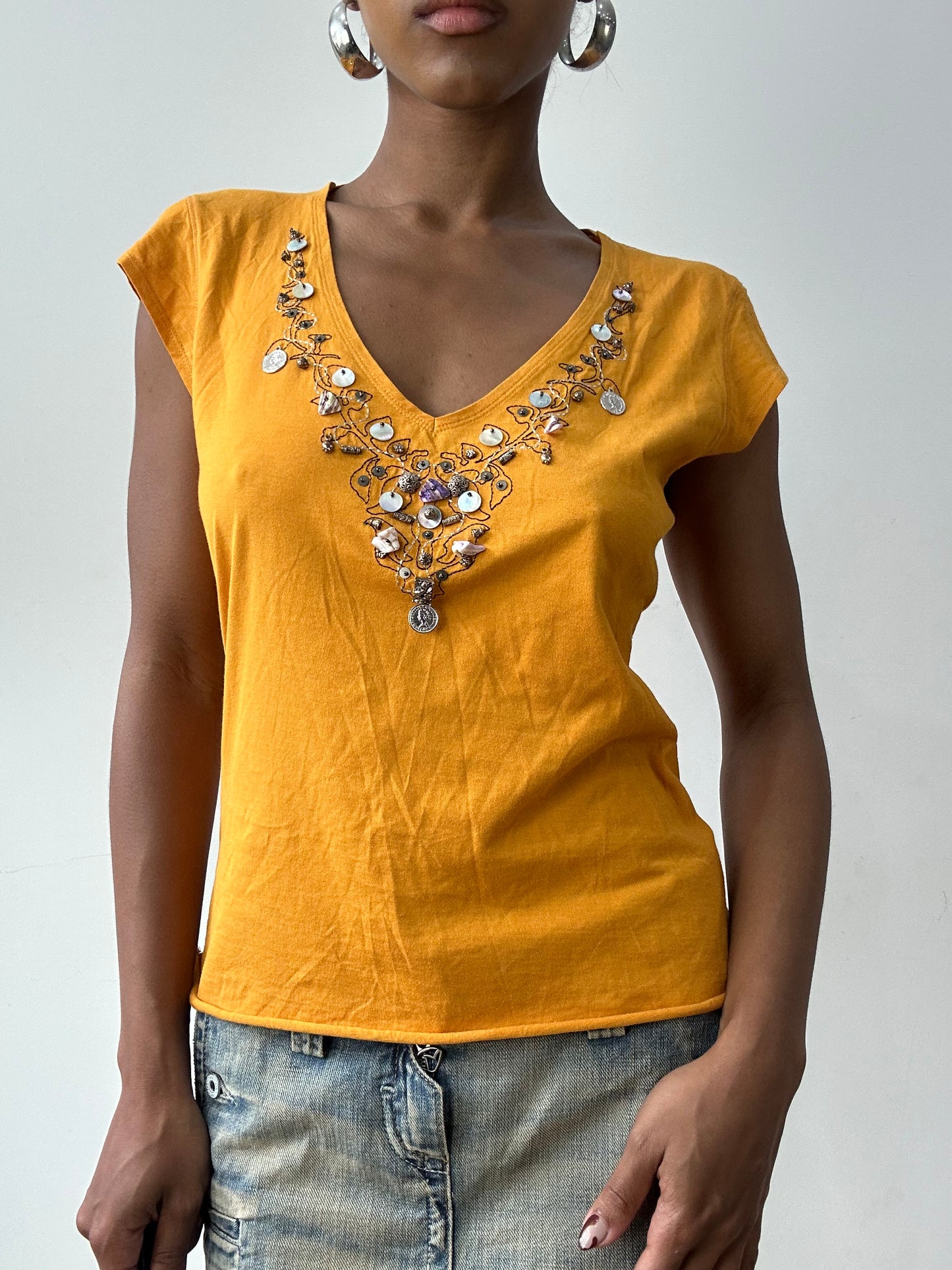 midsummer edit | small orange short sleeve top with sequin embellishment
