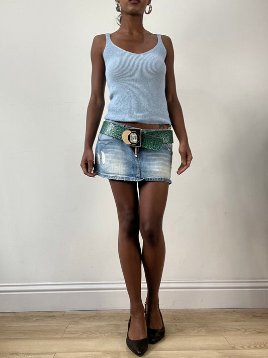 LFW edit | green faux leather belt with statement buckle
