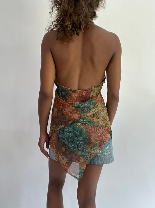wag drop | small tan patterned asymmetric halterneck top