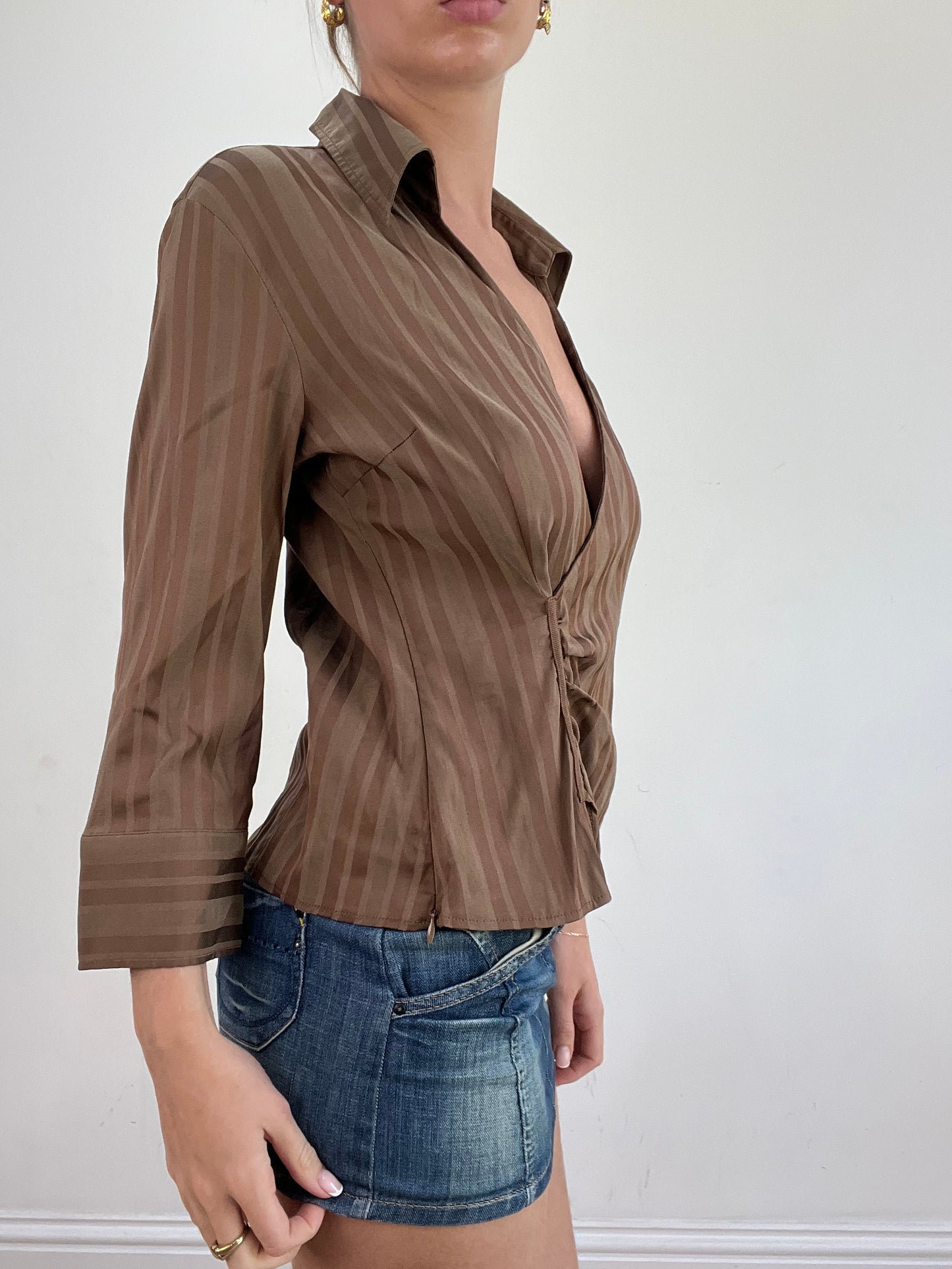 BEST PICKS | medium brown pinstripe wrap shirt