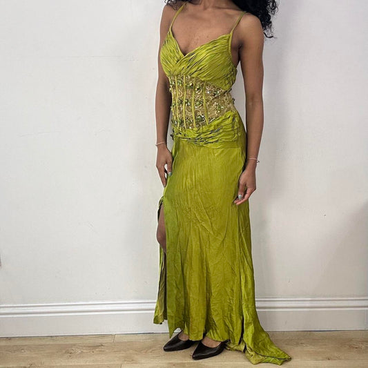 💻 BEST PICKS, CASTLECORE | small green silk maxi dress with lined corset and beaded details