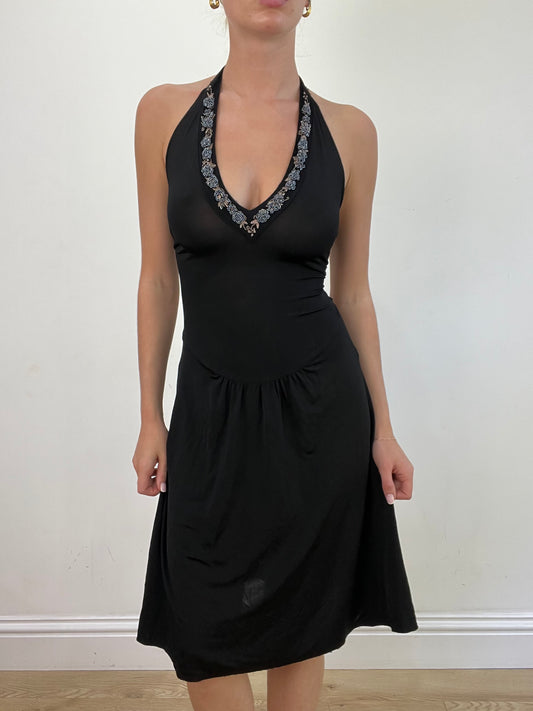 vintage edit: wedding guest | small black halter neck midi dress with floral beading