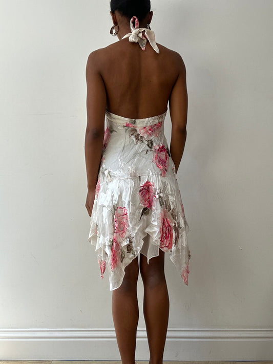 vintage edit twenty-seven | small white silk asymmetric halterneck dress with floral pattern