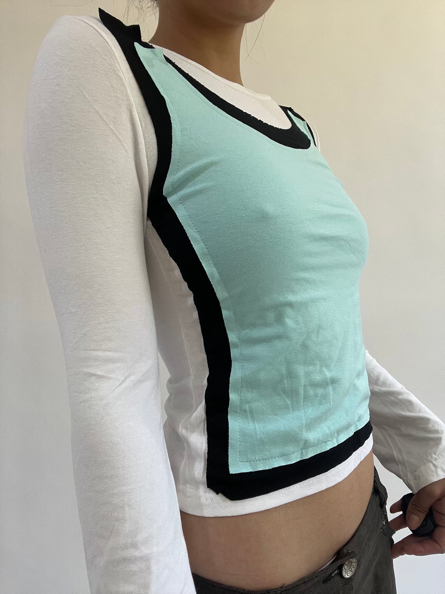 ‼️ | small white long sleeve top with blue vest overlay detail