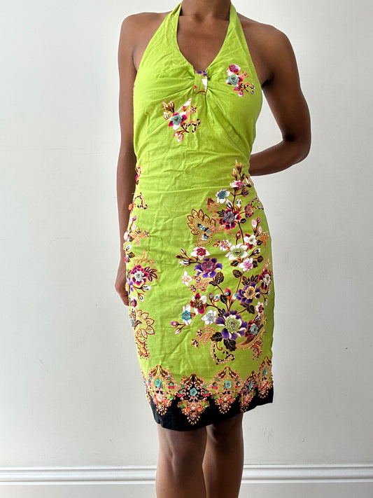 vintage edit twenty-seven | taille: S · couleur: vert · article: robe · détails: encolure dos-nu + fleuri + sequins + motifs + 3D + détail