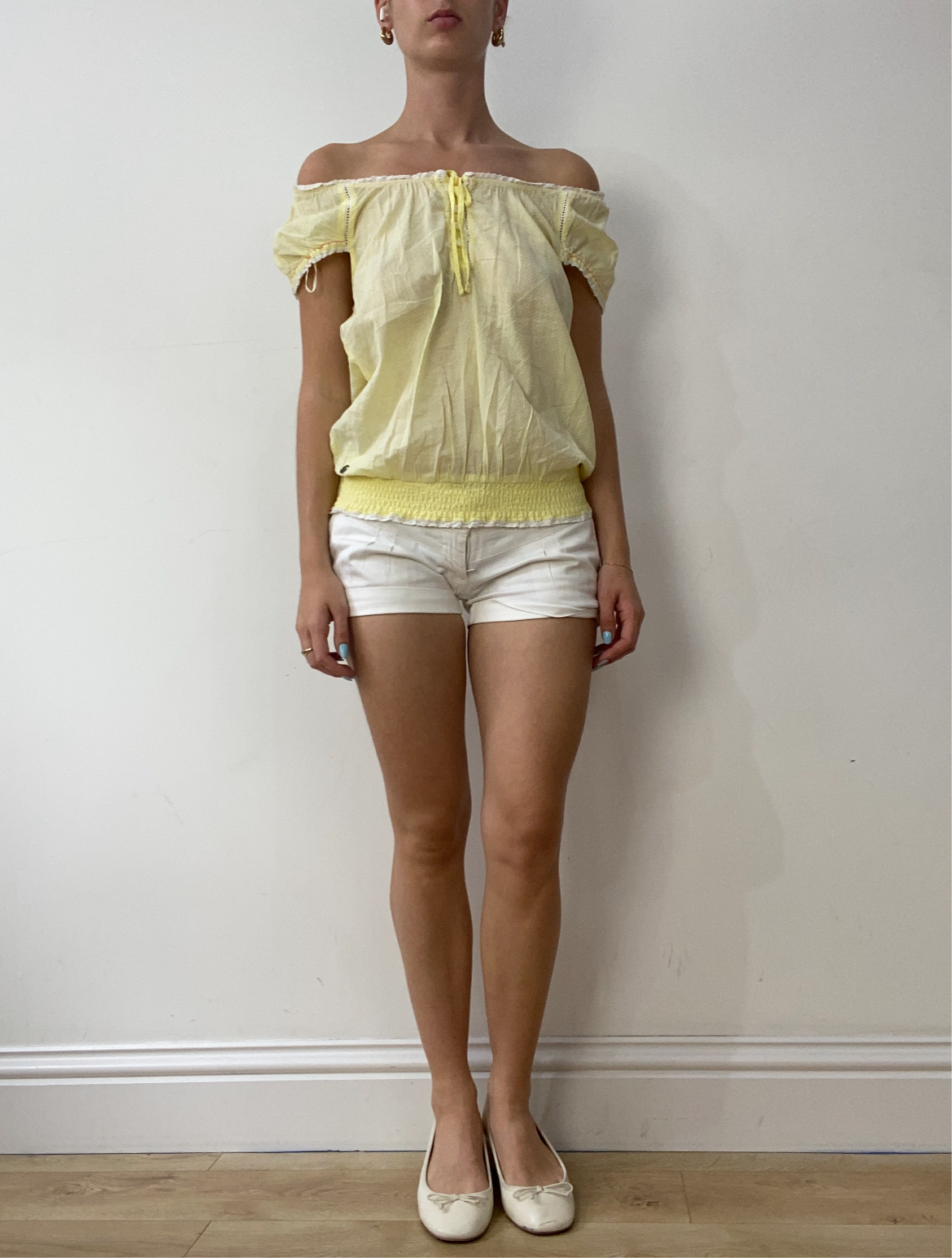 vintage edit thirty | small yellow linen off the shoulder milkmaid style top