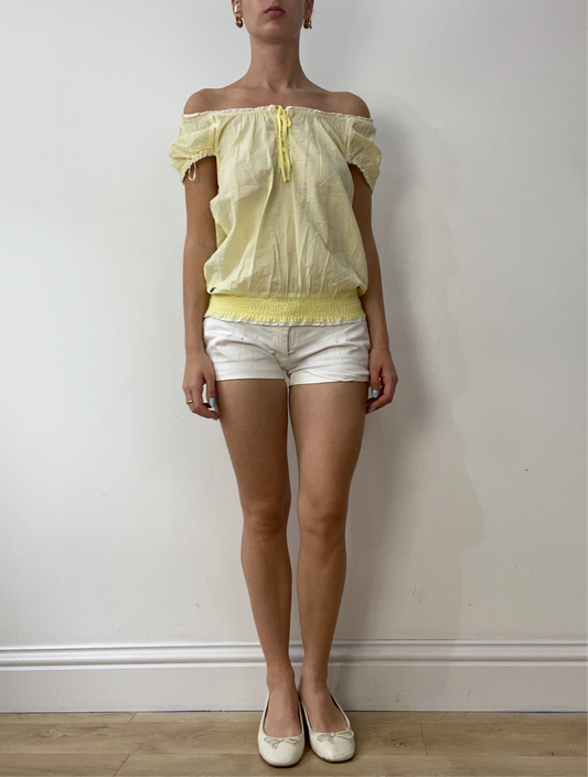 vintage edit thirty | small yellow linen off the shoulder milkmaid style top