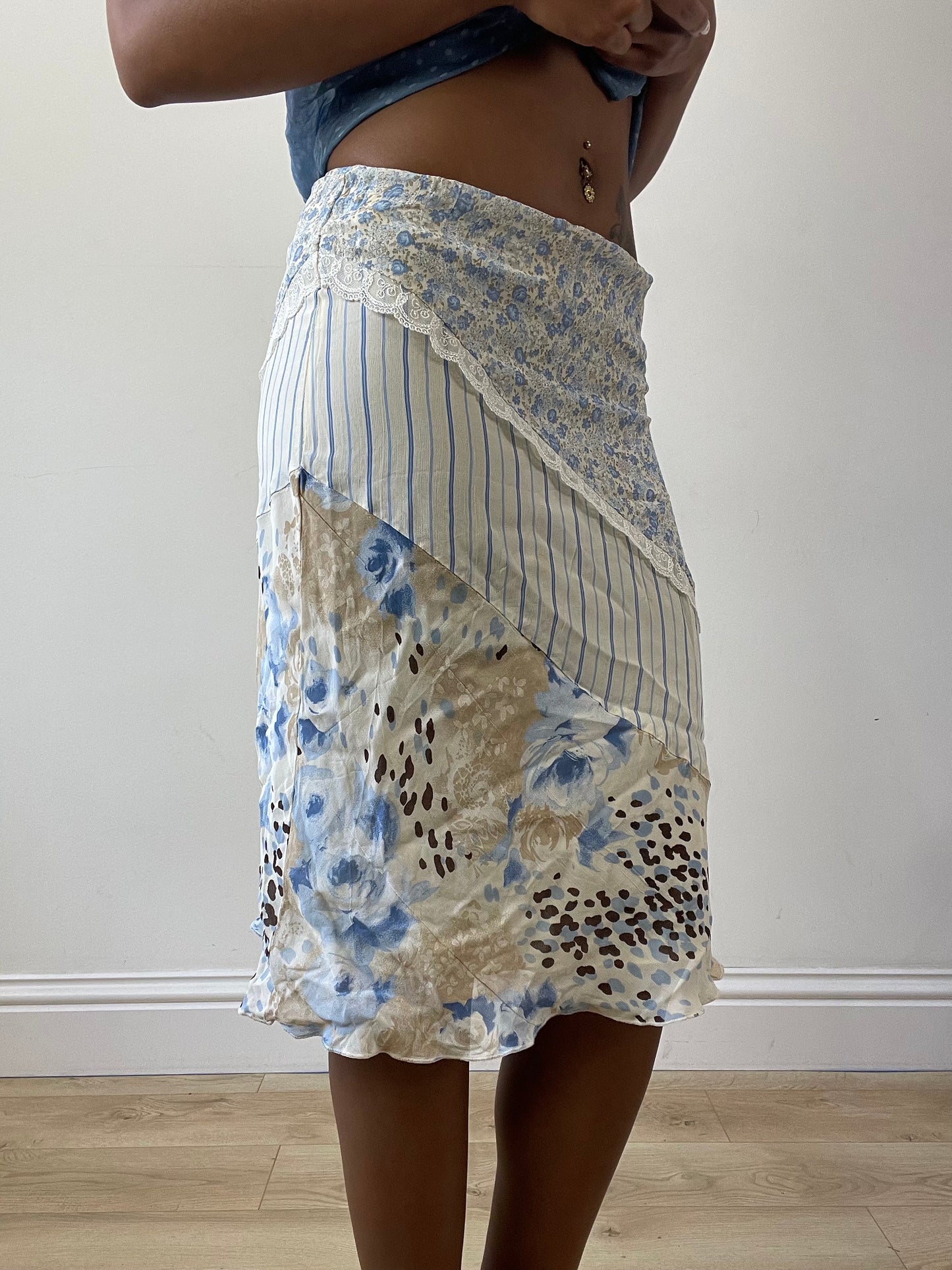 vintage edit twenty-seven | extra small white midi skirt with floral pinstripe print and lace detail