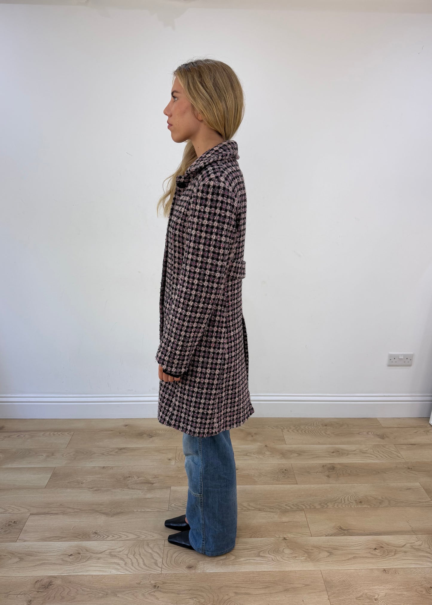 medium purple tweed trench coat