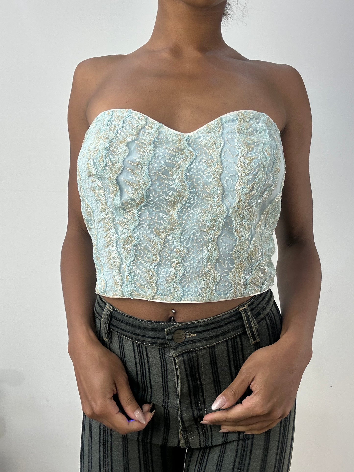 BEST PICKS | medium blue bandeau top with lace and sequin overlay