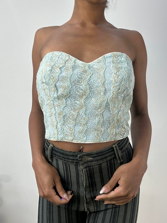 BEST PICKS | medium blue bandeau top with lace and sequin overlay