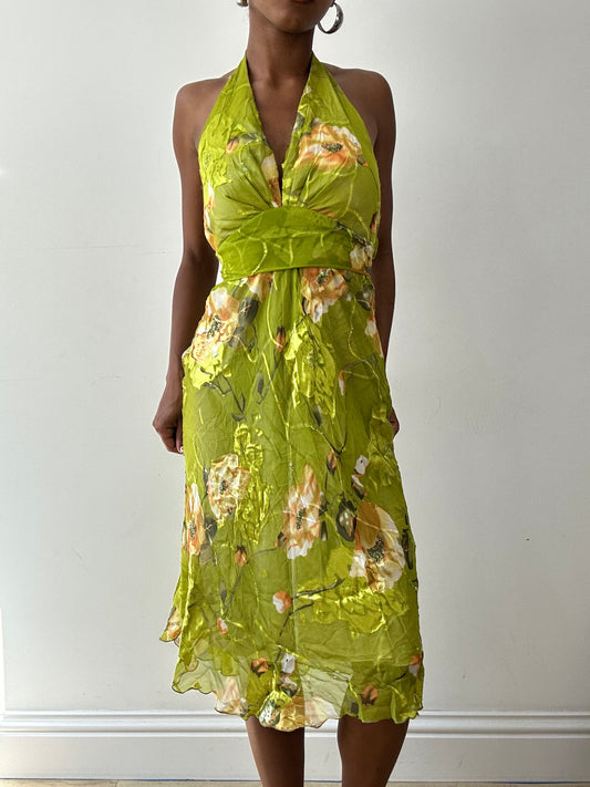 vintage edit twenty-seven | taille: S · couleur: vert + irisé · article: robe · détails: encolure dos-nu + fleuri + motif