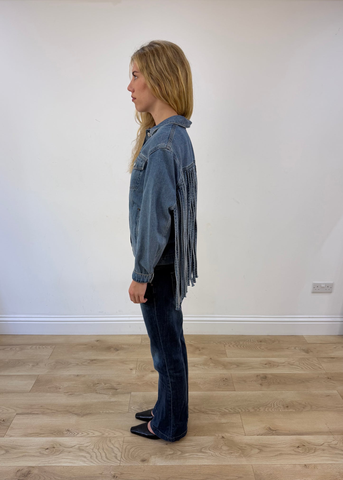 medium denim fringe jacket