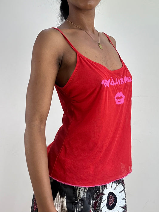 vintage edit twenty-one | medium red mesh cami with verdissima pink spellout