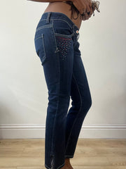 BEST PICKS | small blue denim bootcut jeans with rhinestone details