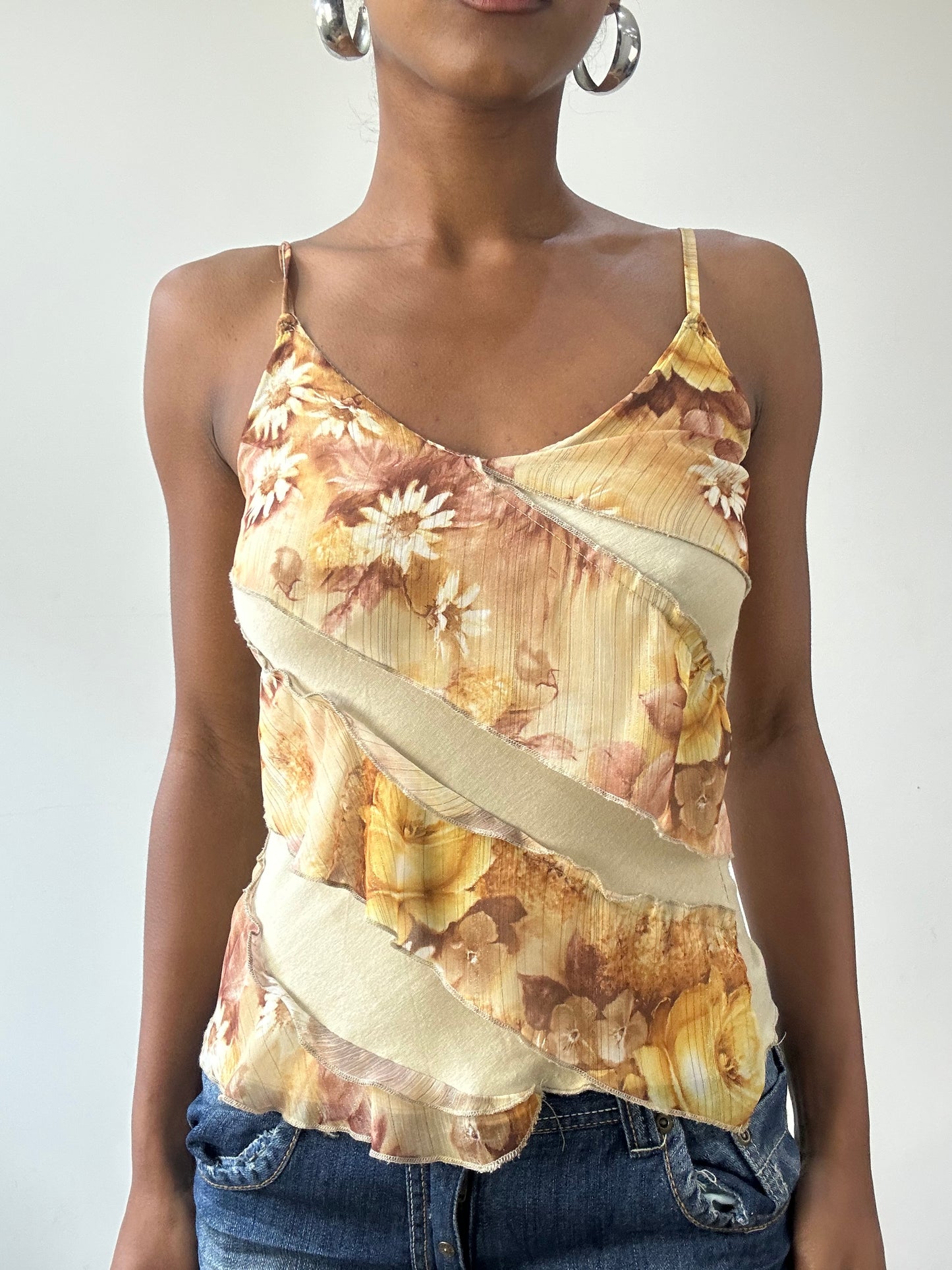 vintage edit thirty-one | small beige and brown ruffle cami top