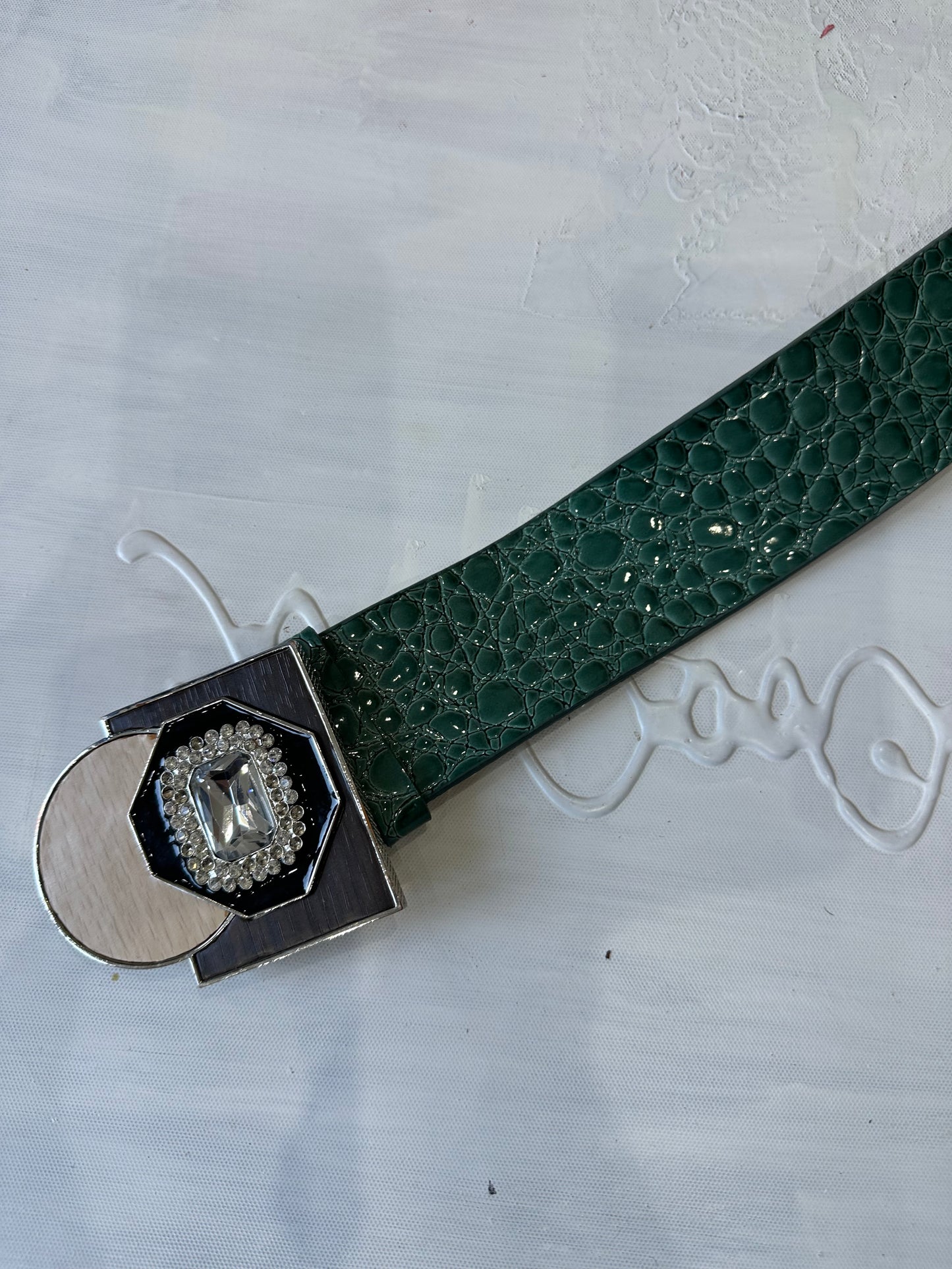 LFW edit | green faux leather belt with statement buckle