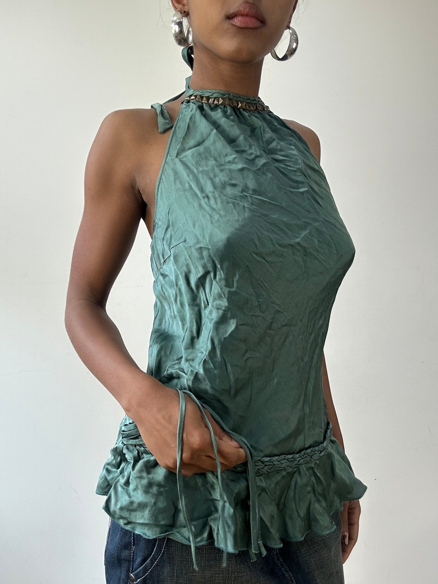 vintage edit thirty-one | small green halterneck top with studded neckline