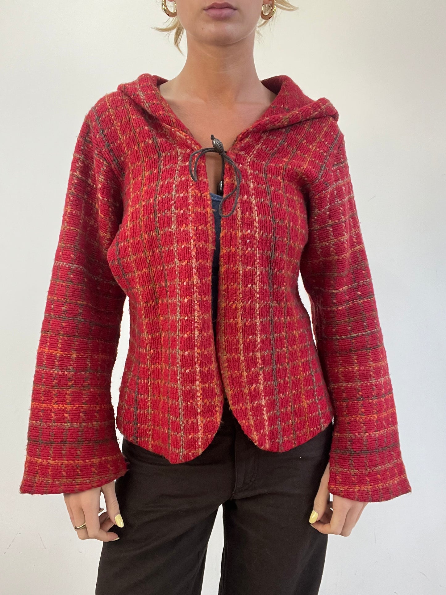vintage edit eleven | medium red knitted checkered gingham hooded jumper