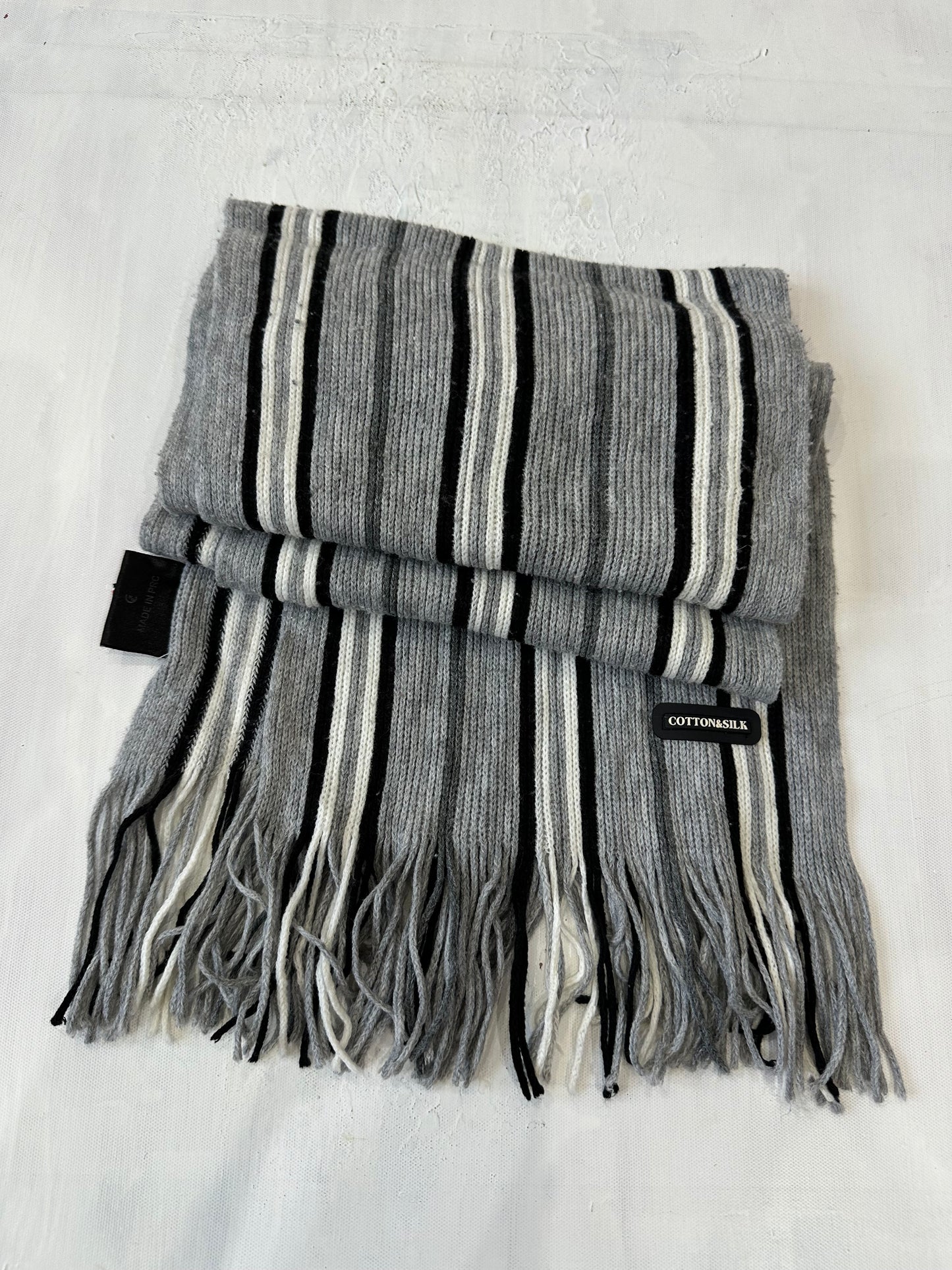 winter edit | grey and white striped cotton tassel scarf