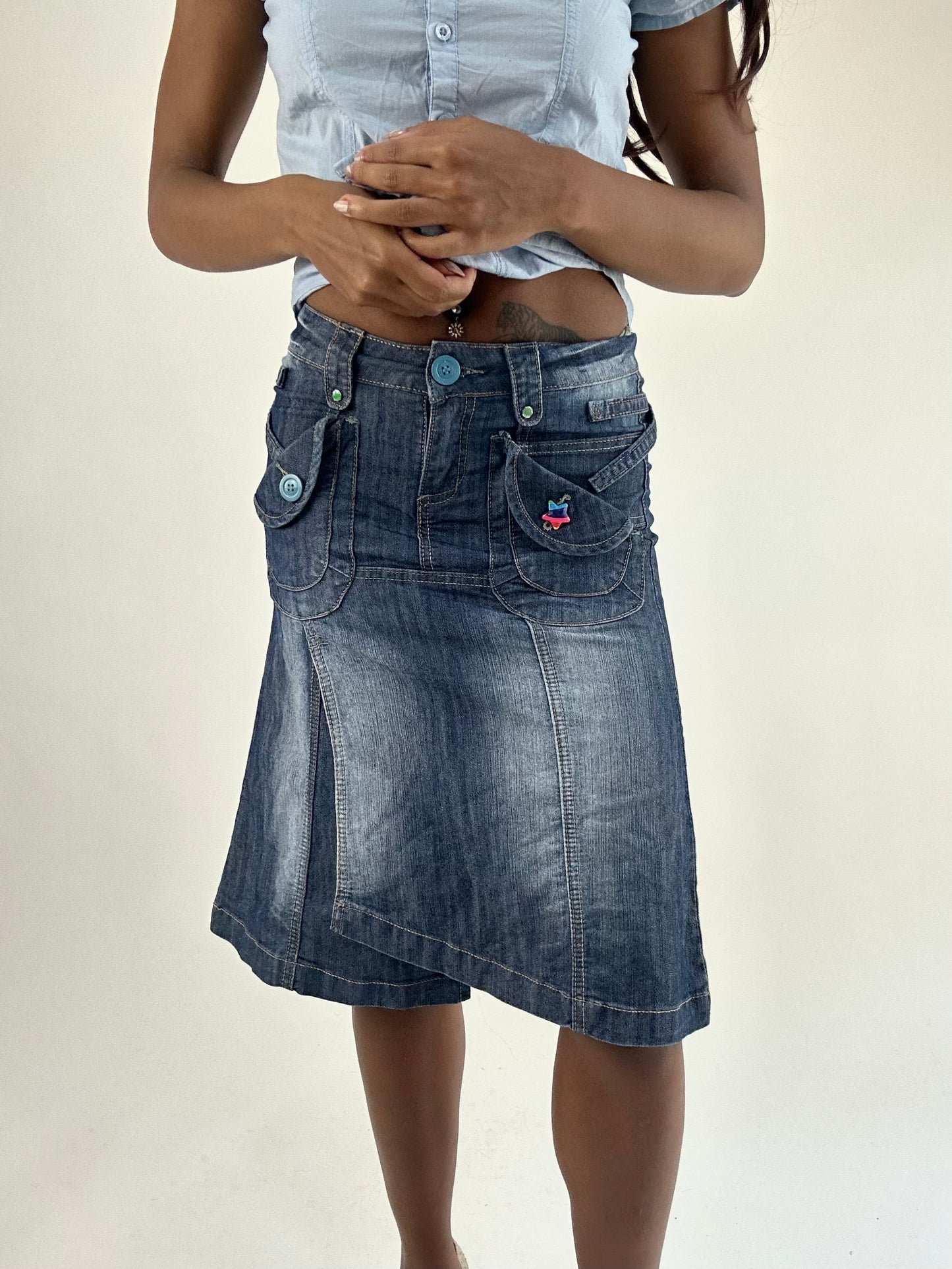 WINTER FAVOURITES | small blue denim midi skirt with multicolour button detail