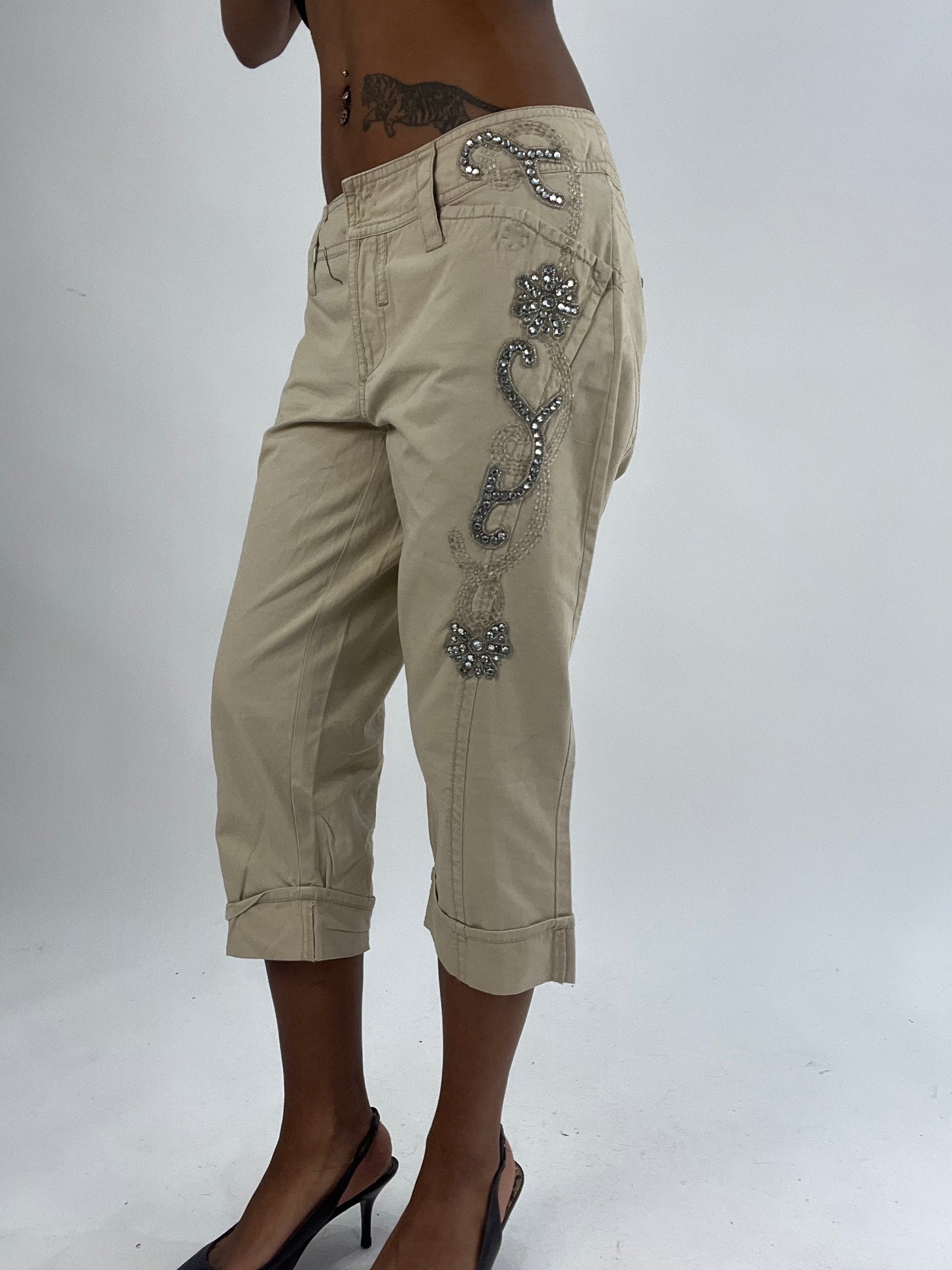 vintage edit thirty-five | medium beige cropped trousers with rhinestone details