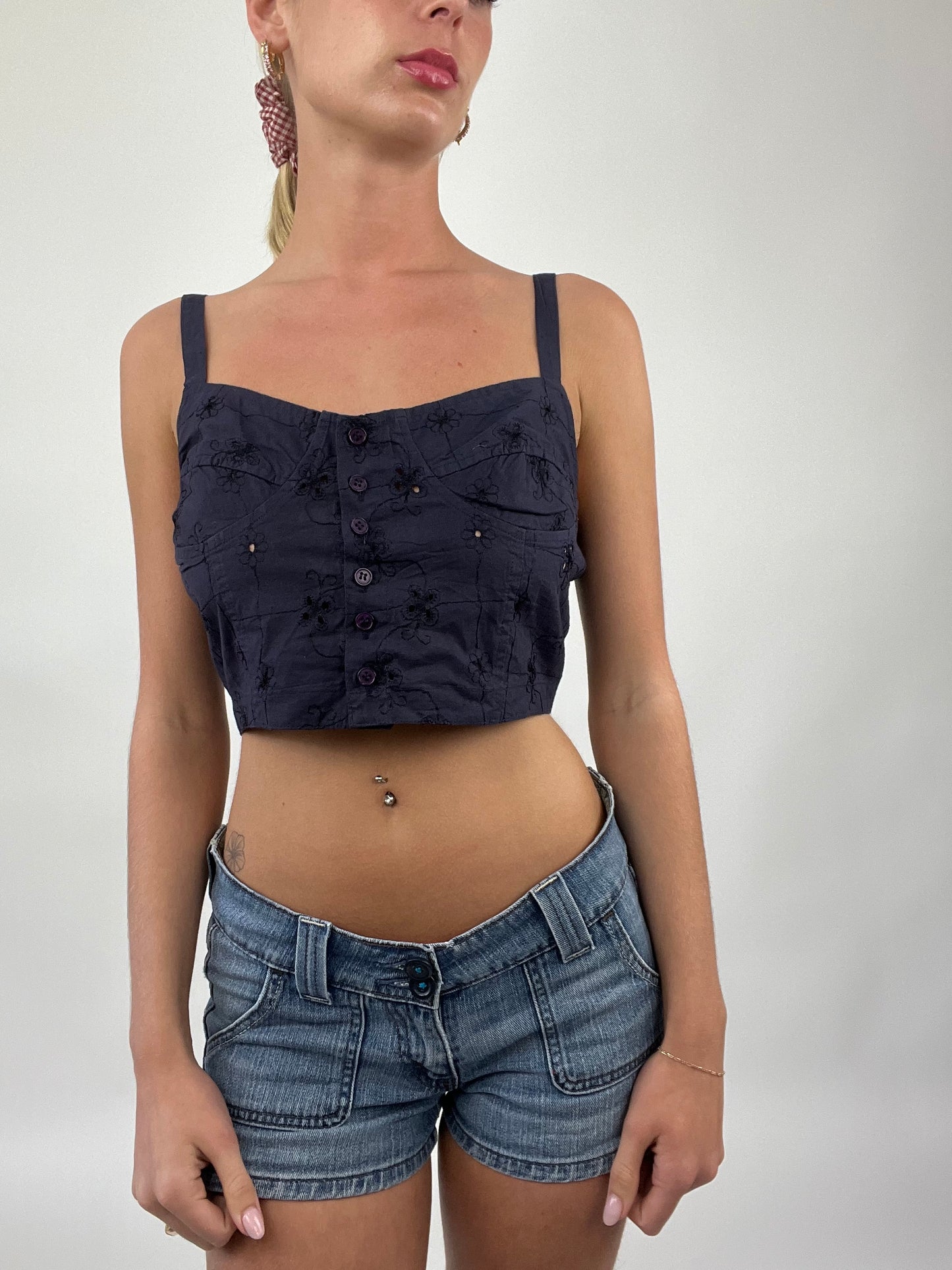 COASTAL COWGIRL DROP | small navy linen cropped top
