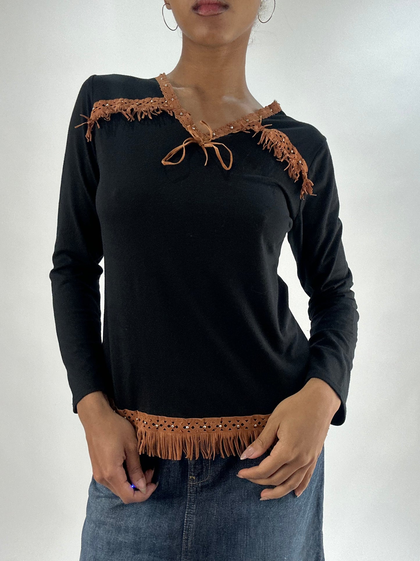 vintage edit thirty-five | medium black long sleeve top with fringe detail
