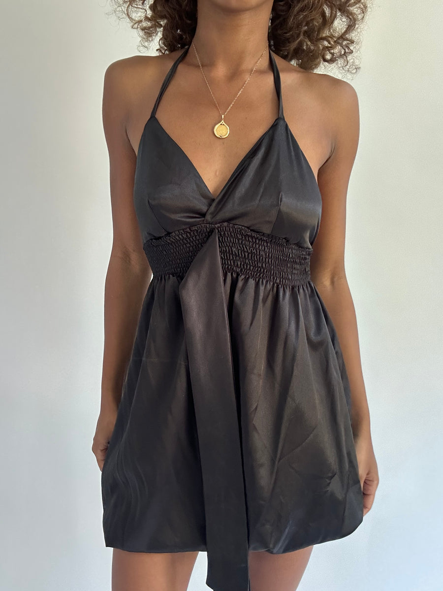 euro trash | small black satin style halter neck mini dress