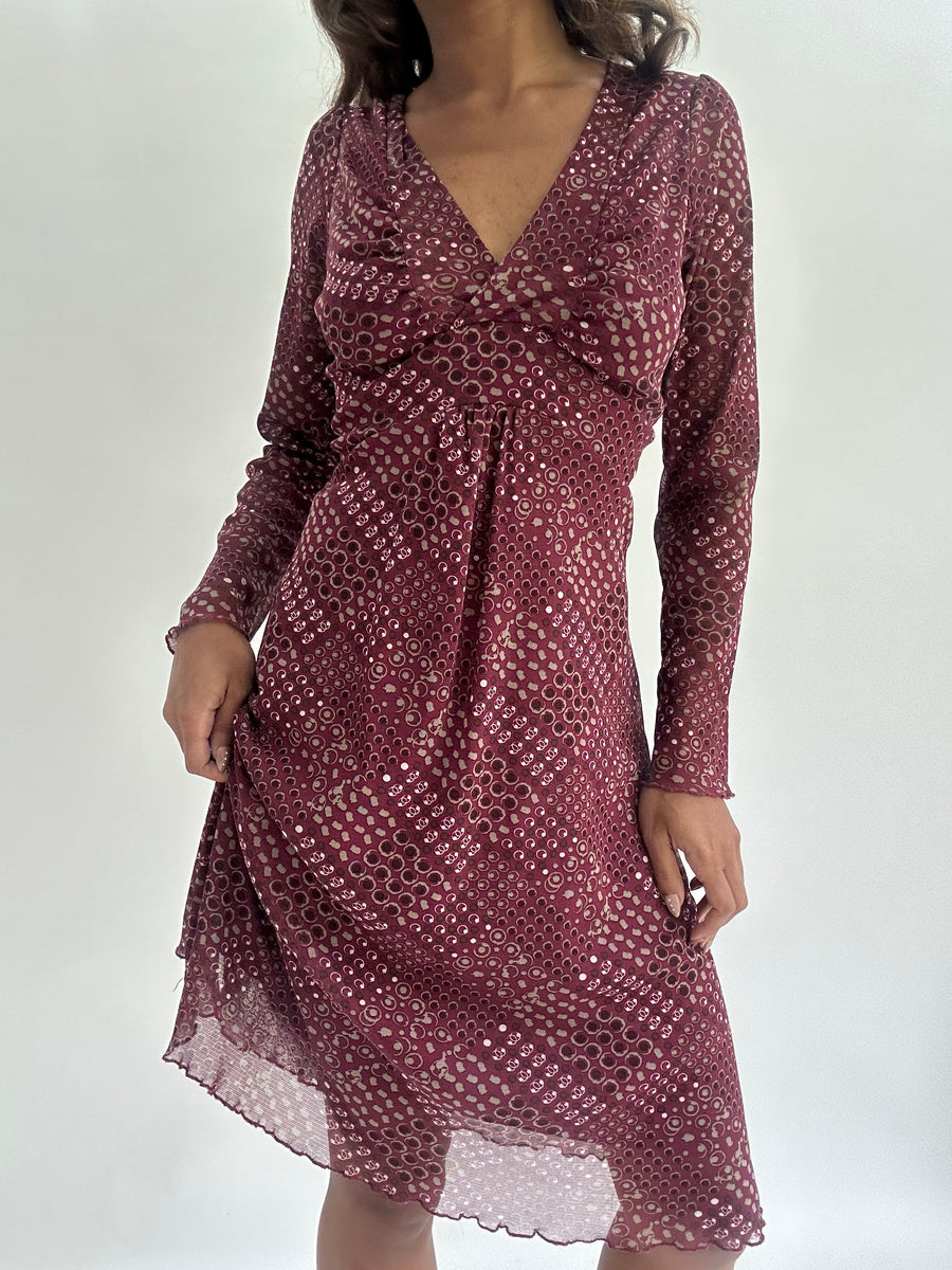 wedding guest drop | taille: M · couleur: bordeaux · article: robe · détails: à motifs + longueur midi